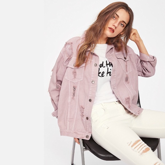 💥 SALE Distressed Blush Denim Boyfriend Jacket - Picture 5 of 6